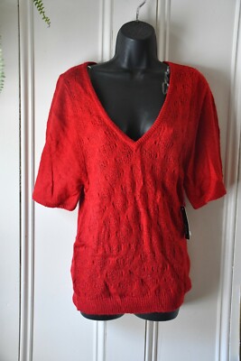 Women's Valentine Red Knit Short sleeve Sweater Top SOFT A.N.A. V-neck Small 