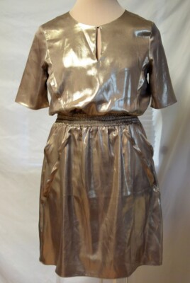 Le Mont St Michel Champagne Gold Lame' Gathered Waist Dress-Front Pockets-38-6/8