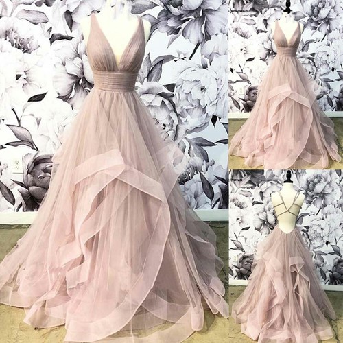 Altrosa Brautkleider Sexy Tiefer V-Ausschnitt Rückenfrei Rüschen Tüll Brautkleider - Bild 1 von 11