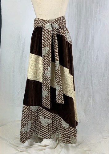 1970 Chessa Davis Maxi Skirt wBelt Quilted Patchwork Brown Velvet Lace Hippie - Picture 2 of 12