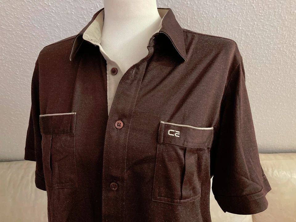 CC CECEBA Herren Hemd Gr L Braun Kurzarm Kragen Knöpfe Microfaser RETRO - Bild 2 von 4