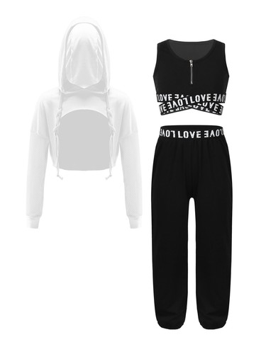 Girls 3 Piece Outfits Crop Tank Top Sweatpants Long Sleeve Hoodie Dance Workout - Picture 38 of 48