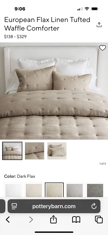 Edredón Pottery Barn europeo acolchado waffle lino oscuro - Nuevo sin etiquetas Foto 4 de 4