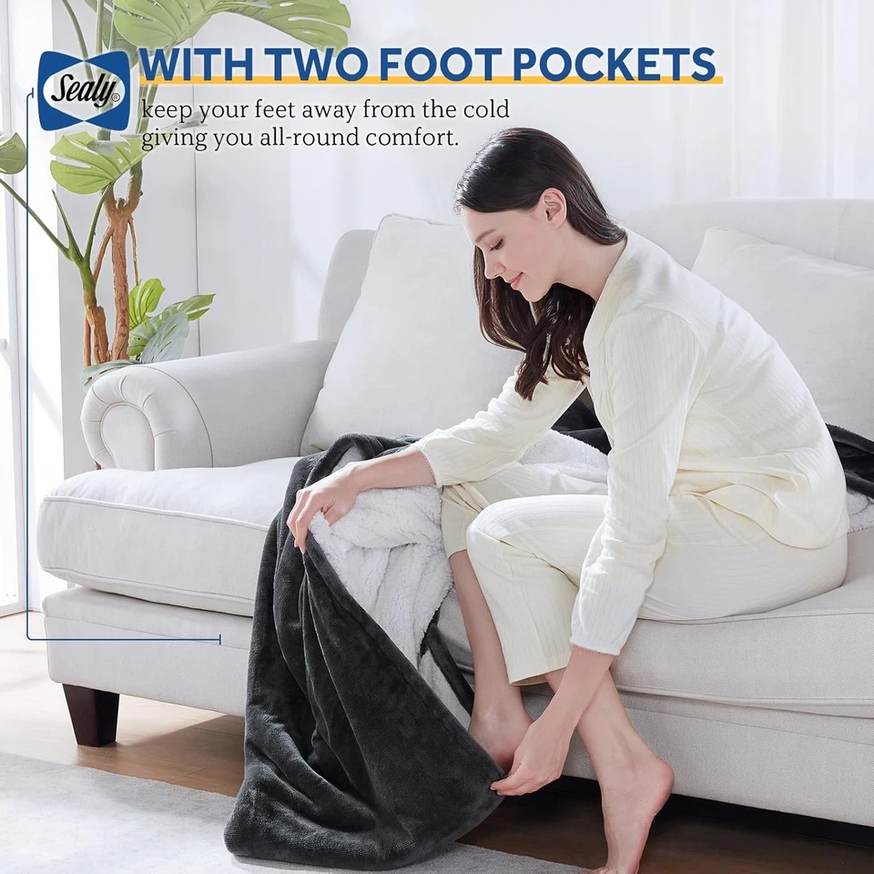 Manta Eléctrica Sealy con Bolsillo para Pie para Adultos, Franela y Sherpa Calefacción Blan Foto 2 de 4