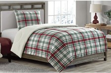 TWIN Christmas COMFORTER Bedding SET with SHAM Red Green PLAID Great Condition