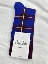 NEW Happy Socks Crew Socks 36-40 Combed Cotton Purple Blue Plaid Pattern