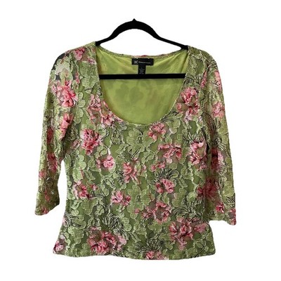 INC International Concepts Lime Green Pink Floral Lace Overlay 3/4 Sleeve Top L