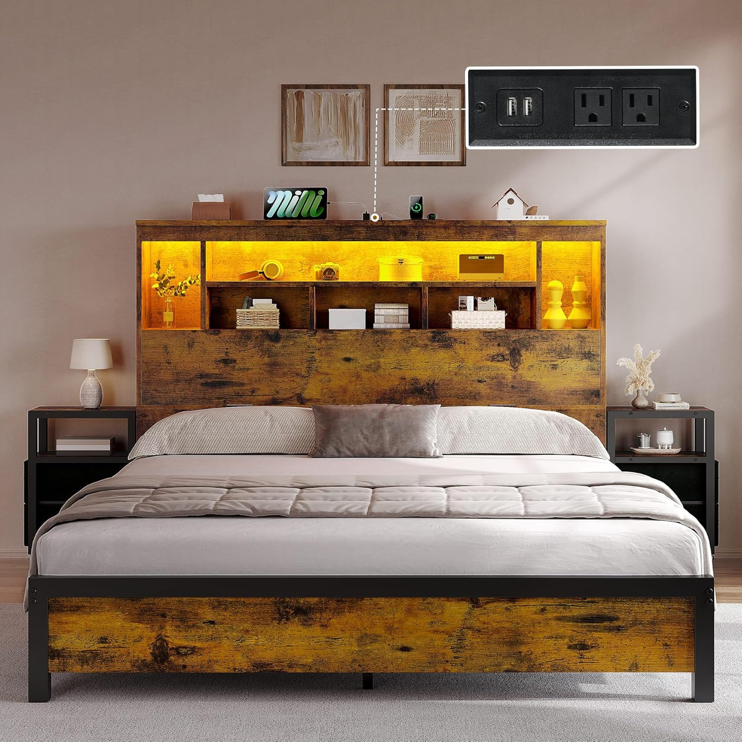 With Storage Headboard, Led Lights & Charging Station