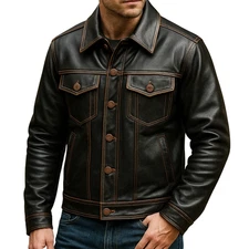 Men’s Black Genuine Leather Trucker Jacket – Vintage Style Button Up Biker Coat