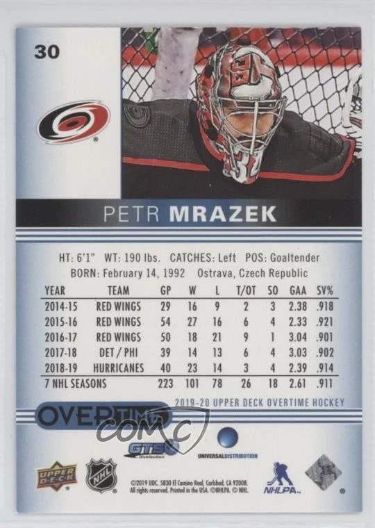 2019-20 Upper Deck Overtime Blue Foil Petr Mrazek #30 - Image 2 of 2