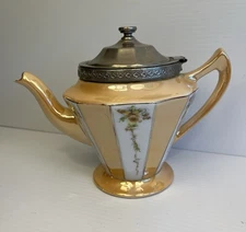 Antique Fraunfelter Royal Rochester Peach Tan Striped Floral Luster Tea Pot
