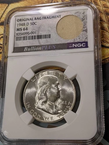 1948 D Franklin Silver Half Dollar 50C Graded by NGC MS64 ORIG. BAG FRAGMENT
