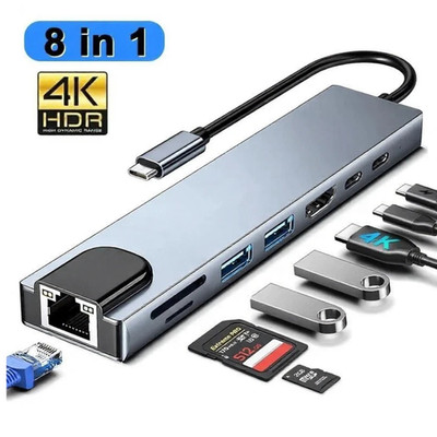 8-in-1 USB-C Hub Adapter for MacBook Pro Air, HDMI, USB 3.0, SD/TF Card Reader