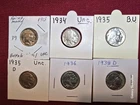 Lot of 6 AU/UNC Buffalo Nickels 1913 Type 1, 1934, 1935, 1935D, 1936, and 1938D.