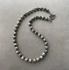 Black/White Dalmatian Jasper Unisex Necklace 19” Stainless Steel Toggle Closure