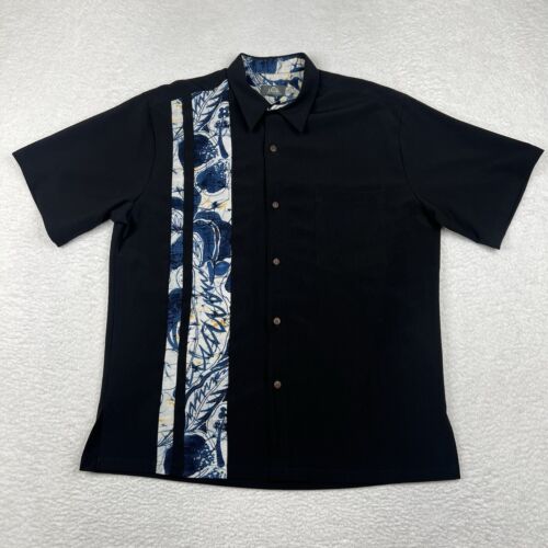 Vintage Iolani Shirt Mens Large Black Floral Hawaiian Button Up Short Sleeve