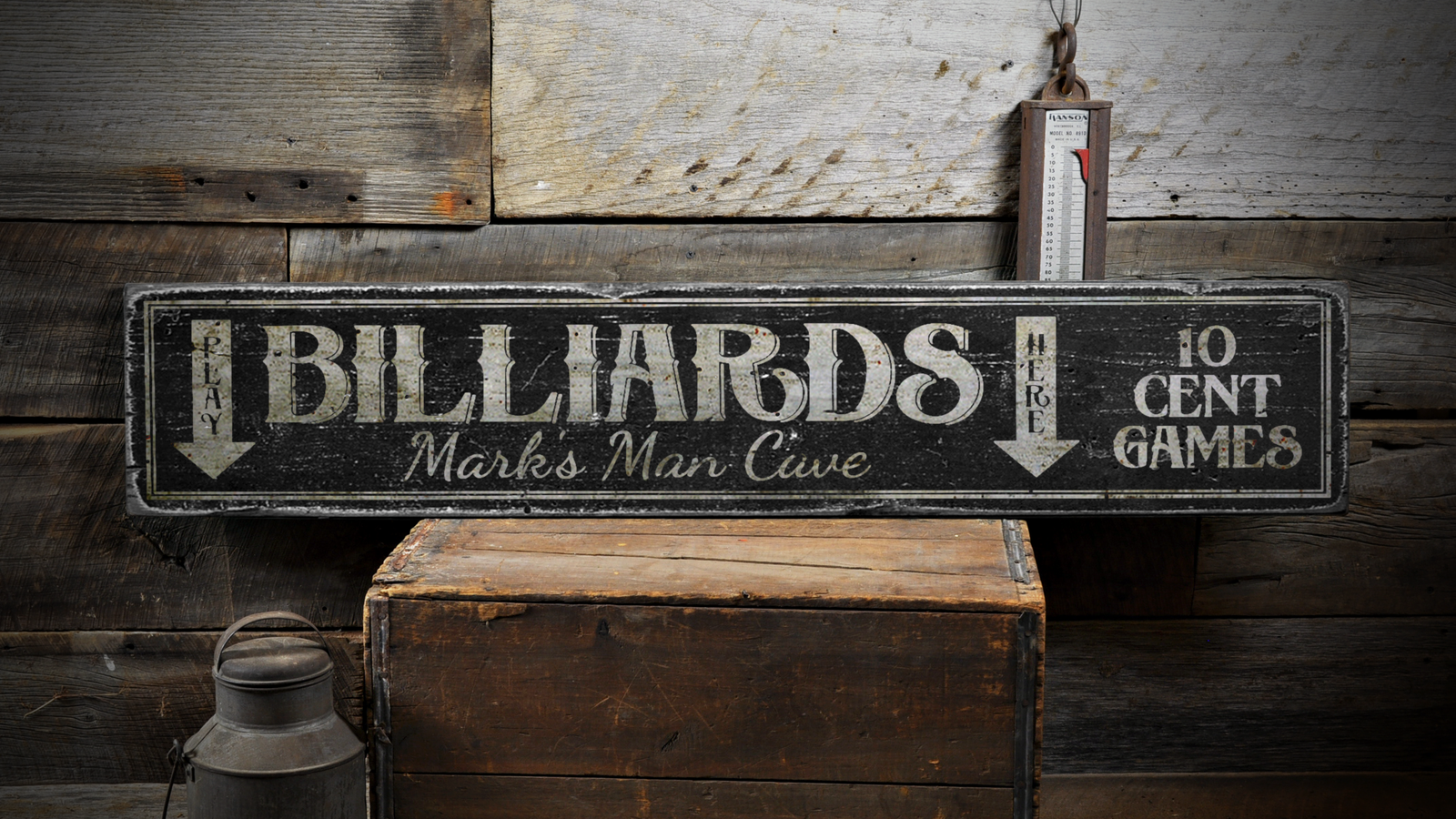 Billiards, Custom Name Man Cave, Play - Rustic Distressed Wood Sign