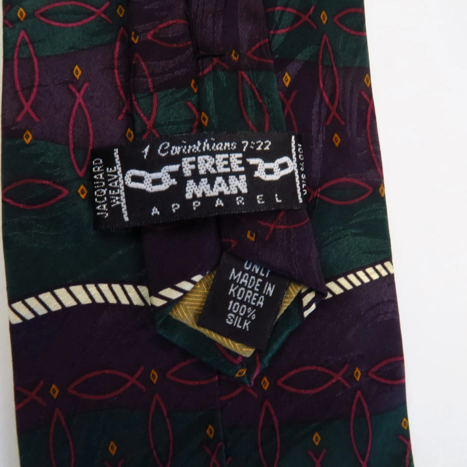 Free Man одежда фиолетовый зеленый Ichthys узор Иисус рыбы узор мужской галстук 58 x 4 - Изображение 3 из 4