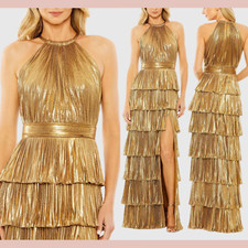 NWT IEENA Mac Duggal [ 4 ] High Neck Pleated Tiered Ruffle Metallic Gown #J789
