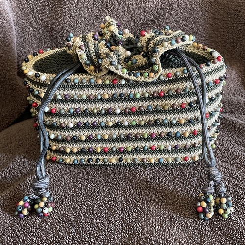 VTG Hiawatha Trailered Beaded Handi Bag Draw String Closure Forest Green/Tan - 第 2/15 張圖片