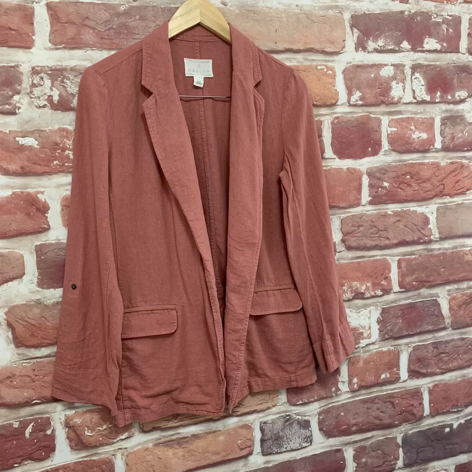 Blazer Caslon Mujer Pequeño Rosa Ladrillo Mezcla Lino Frente Abierto Chaqueta Ligera Foto 2 de 4