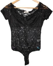 NWOT Active USA Black Lace Nylon Spandex Short Sleeve Bodysuit Top P12276 Size S