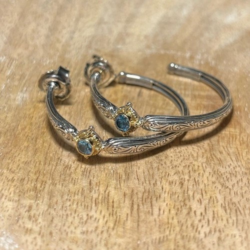 Konstantino Sterling Silver 18K Yellow Gold & Blue Topaz Hoop Earrings - Picture 4 of 16