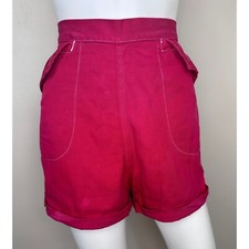 Vintage 1950s Red Denim Shorts High Waisted Cuffed Back Zip Faded Distressed 50s