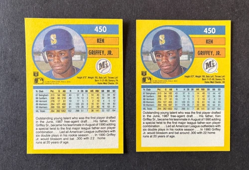 1991 FLEER KEN GRIFFEY JR. #450 ERROR AND CORRECT CARDS- YOU GET BOTH - #060925A