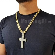 Hip Hop Jewelry Cubic Zirconia Iced Holy Large Cross & 10mm Cuban Chain Necklace