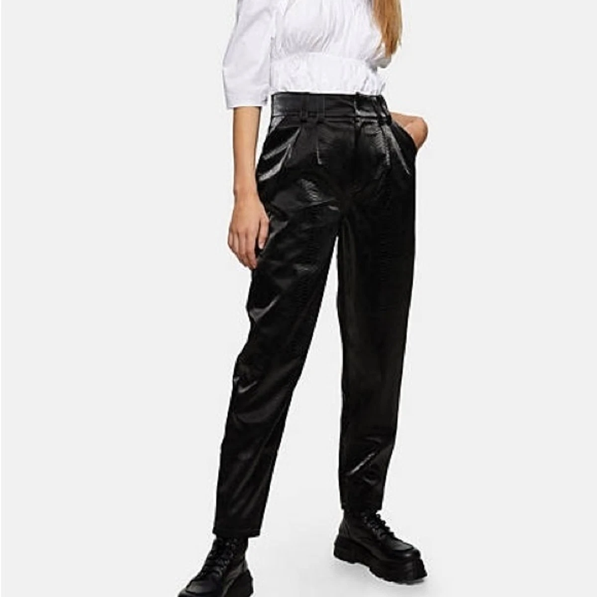 Topshop Black Snake Textured Faux Leather High Rise Wide Leg Pants