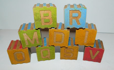 9 NEAT VINTAGE ALPHABET WOODEN BLOCK JOB LOT 1 1/4" X 1 1/4" AND GROOVES