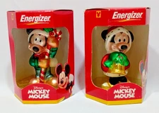 Vintage 2000 Disney Mickey & Minnie Mouse Energizer Glass Christmas Ornaments