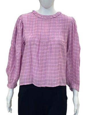Doen Damen Karomuster Baumwoll-Bluse Tunika mit Falten & Rüschen Pink Größe S