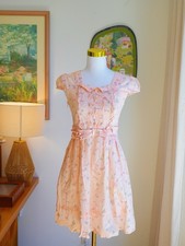 Vintage Women’s Peach Pink Cotton Dress Cap Sleeve Bow Waist AU 8–10