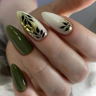 Almond Press on Nails Medium Green Fake Nails with Green Leaf Design Gold Foil 