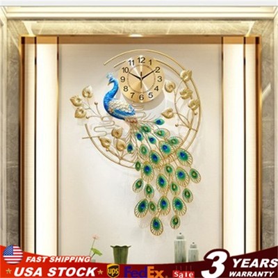 36.6'' Luxury Peacock Large Wall Clock 3D Metal Living Room Wall Watch Decor USA