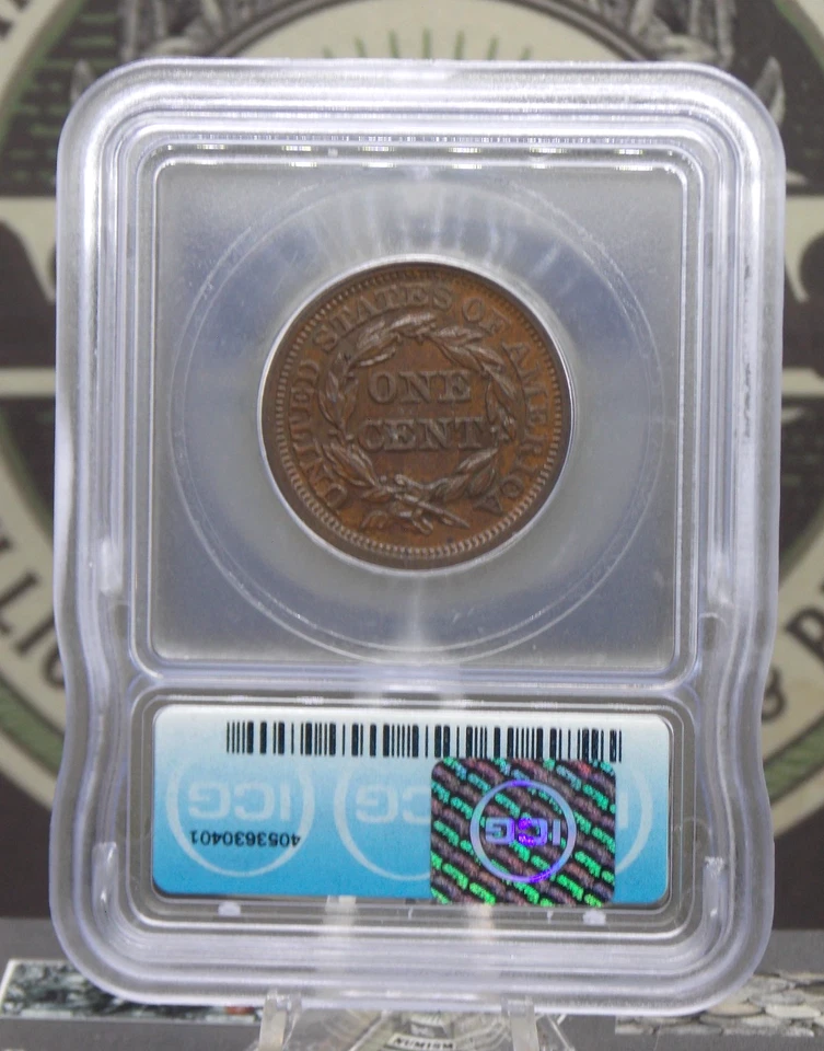 1853 Braided Hair Large Cent 1c ICG MS63 BN #401 Unc BU Uncirculated ECC&C, Inc. - Image 4 of 4