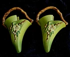 PAIR Roseville Pottery Apple Blossom Pattern Wall Pocket Vases Matte Green 1949