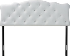 Modern White Faux Leather Button-Tufted Scalloped Full Headboard by