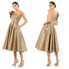 Mac Duggal One-Shoulder Bow Midi Dress Gold / Antique Bronze Size 2 NWT