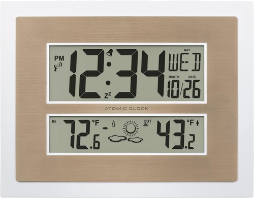 Elegant Atomic Digital Wall Clock with Temperature & Forecast - White/Champagne - Picture 3 of 9