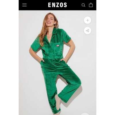 Enzos Women Medium Green Velour Jumpsuit Short Sleeve Velvet One Piece NEW