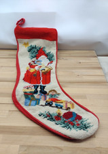 Vintage Santa Claus Christmas Wool Embroidered Stocking Red Back 18 1/2
