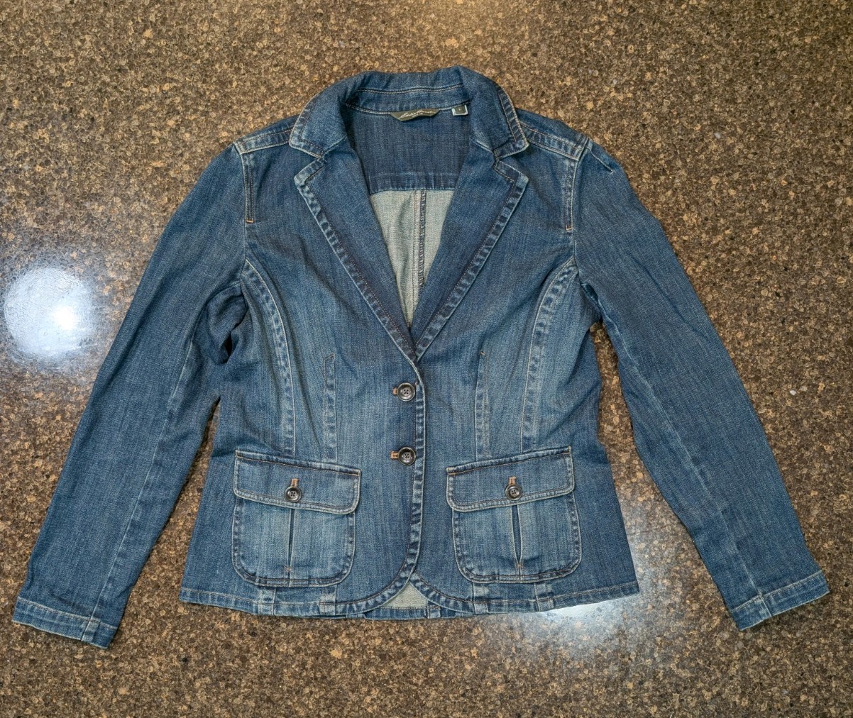 Eddie Bauer Women's Blue Jean Denim Casual Blazer Jacket Size Large Button Front