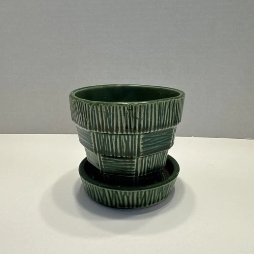 Vintage McCoy Pottery Green Raised Basket weavePlanter Pot Attached Saucer MCM