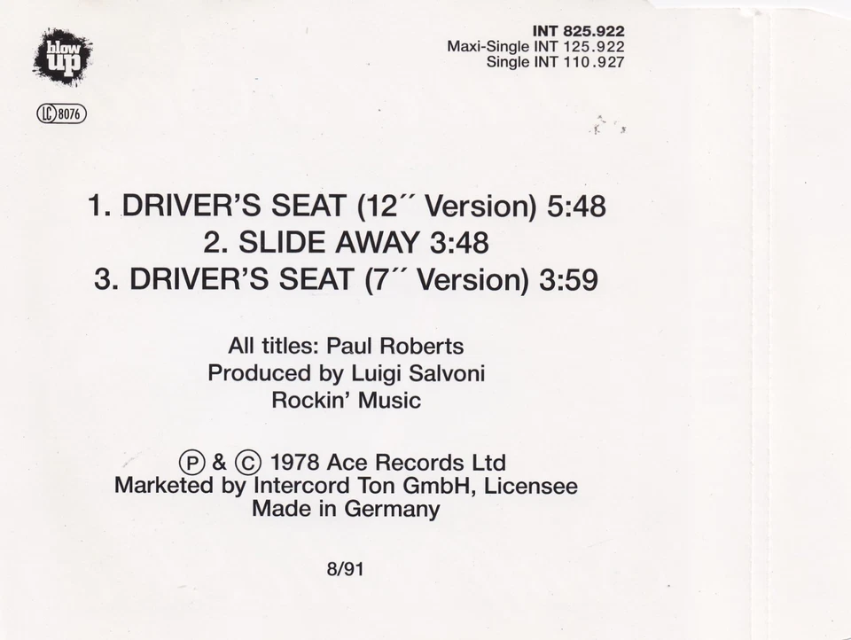 Sniff 'n' the Tears - Driver's Seat  (3 Track Maxi CD) - Bild 2 von 2