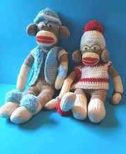 Vintage Pair Handmade Sock Monkey Animals- Folk Art Decor