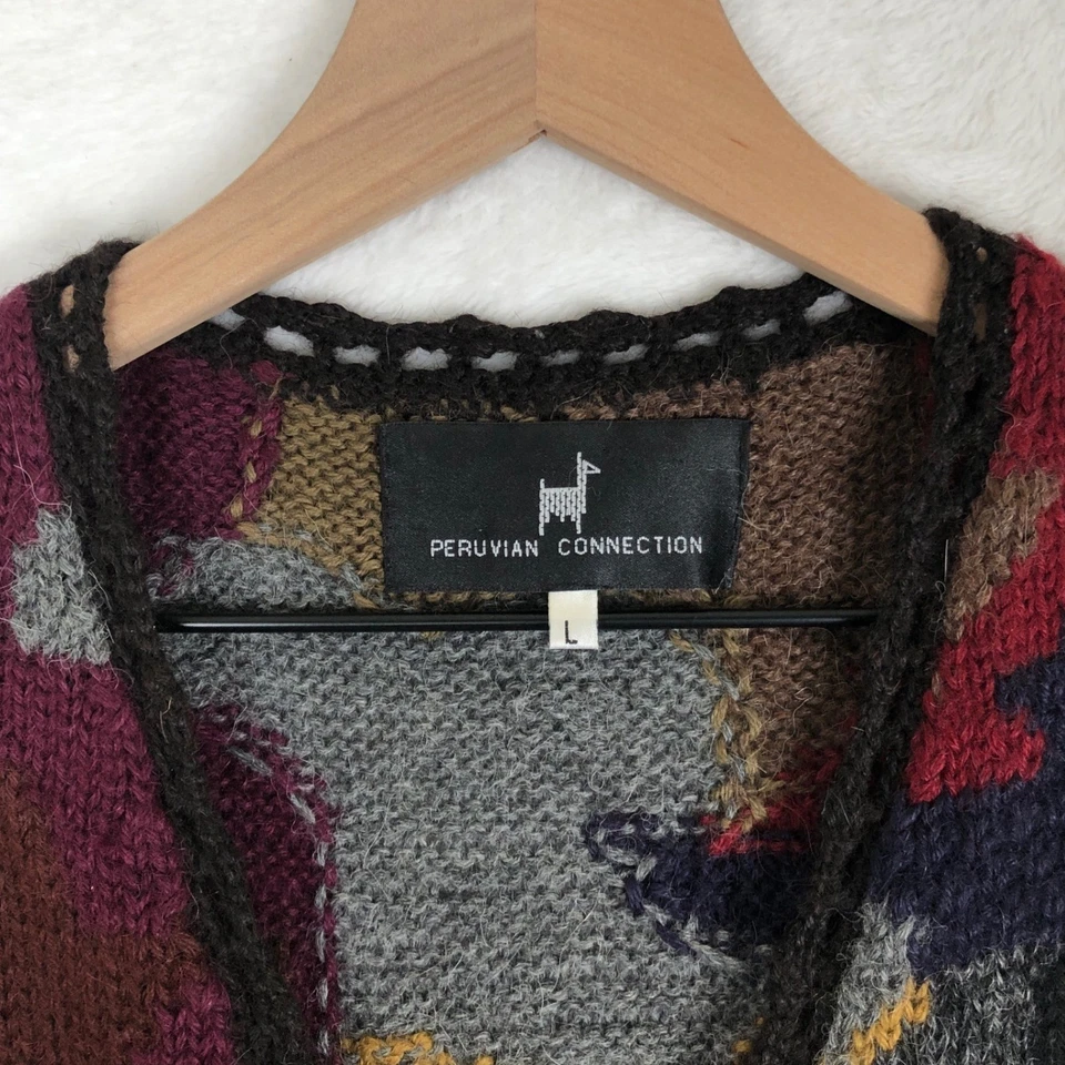 Raro CONEXIÓN PERUANA Maxi Suéter Chaleco Alpaca Talla L Botón Abstracto Artístico Usado en Excelente Condición Foto 4 de 4