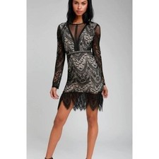 ASTR The Label Black Lace Mesh Long Sleeve Mini Party Formal Dress XS